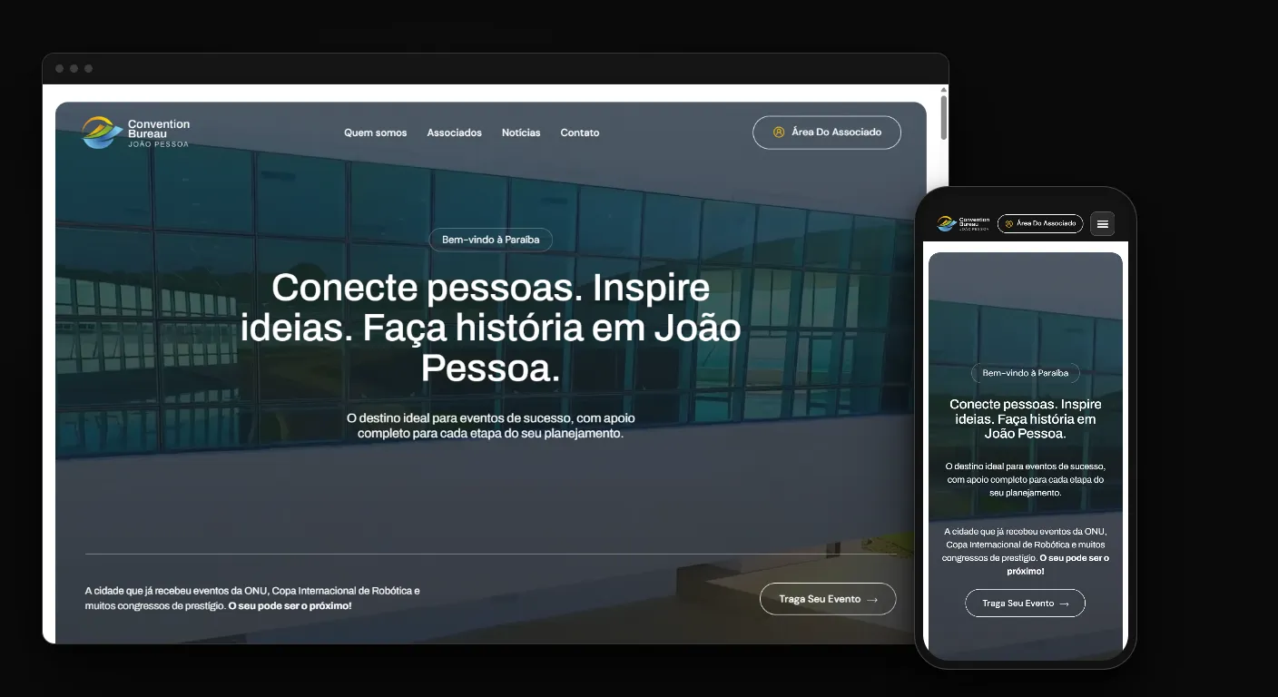 Área do associado no site do Convention Bureau João Pessoa: home com o botão de acesso ao associado no navegador e no celular