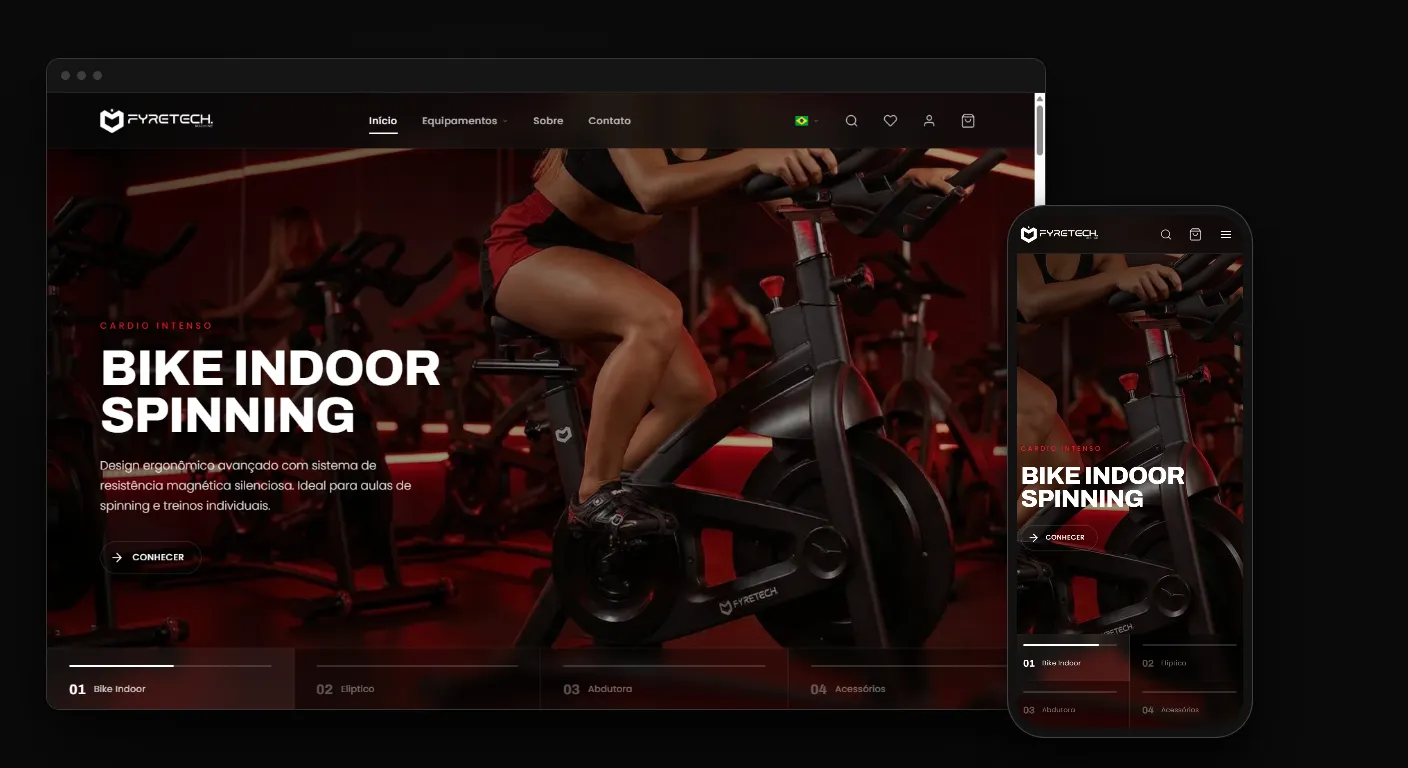 Catálogo online com pedido de orçamento: o site da FyreTech Machine no navegador e no celular, com a Bike Indoor Spinning em destaque