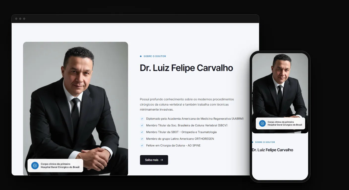 O que um site de ortopedista precisa ter: mockup do site do Dr. Luiz Felipe Carvalho em navegador e celular