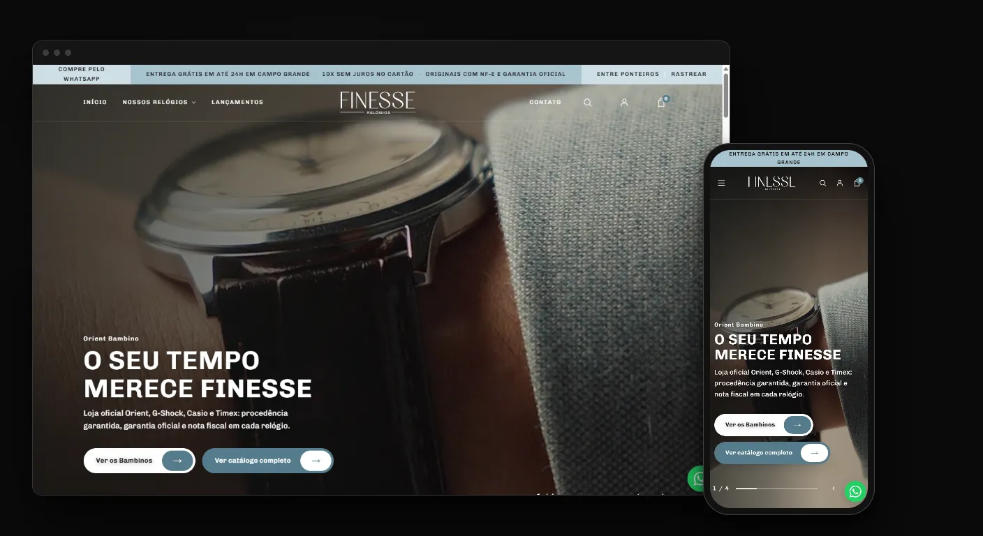 Como montar loja virtual de relógios: a home da Finesse no navegador e no celular, com o banner do Orient Bambino