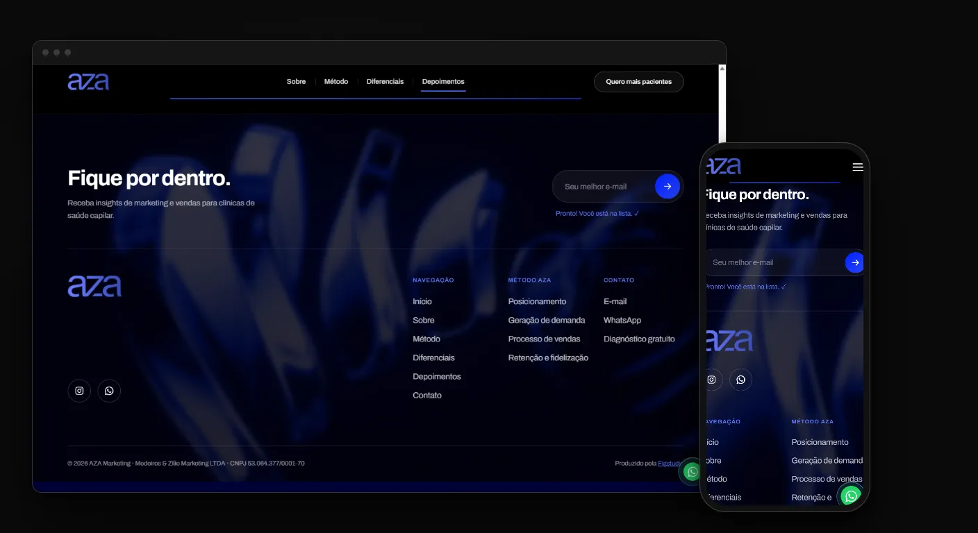 Depoimentos em vídeo no site: landing page da AZA, assessoria de marketing para clínicas de saúde capilar, numa janela de navegador e no celular