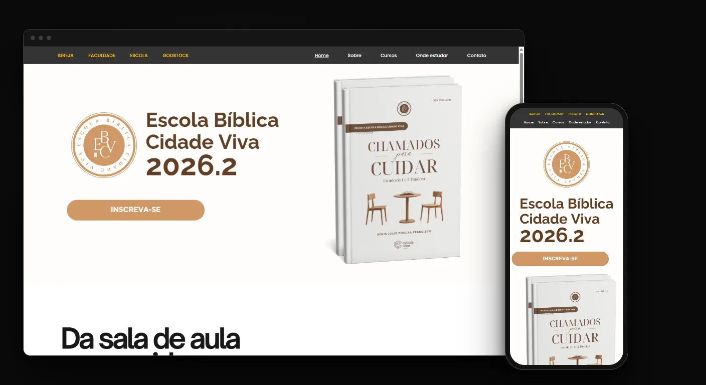 Landing page para escola bíblica da Escola Bíblica Cidade Viva no navegador e no celular, com o botão de inscrição e a revista do semestre