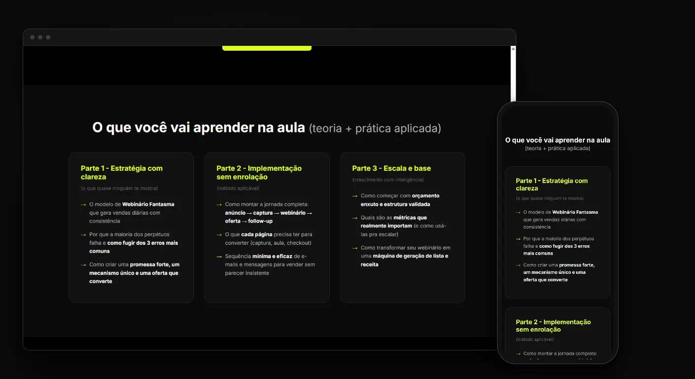 Estudo de página de captura para aula gratuita sobre o Webinário Fantasma, com formulário de inscrição no topo, no navegador e no celular