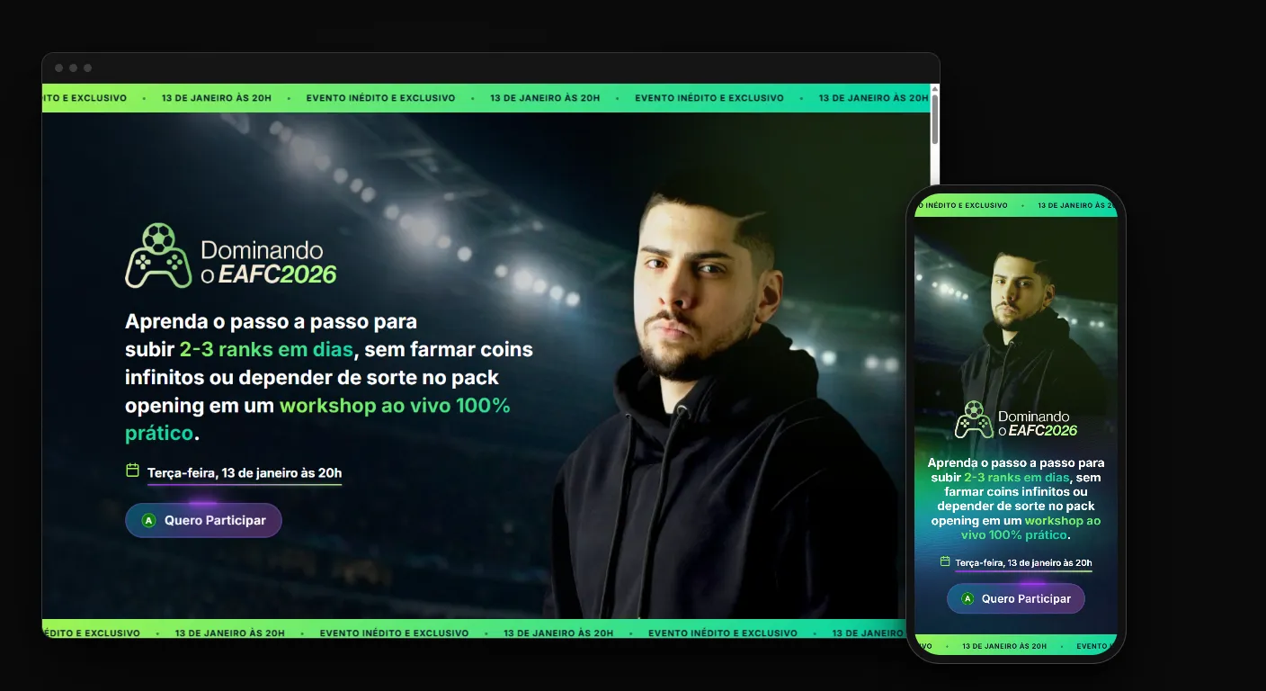 Página de vendas para workshop online Dominando o EAFC 2026, com a data do evento e o botão Quero Participar, no navegador e no celular