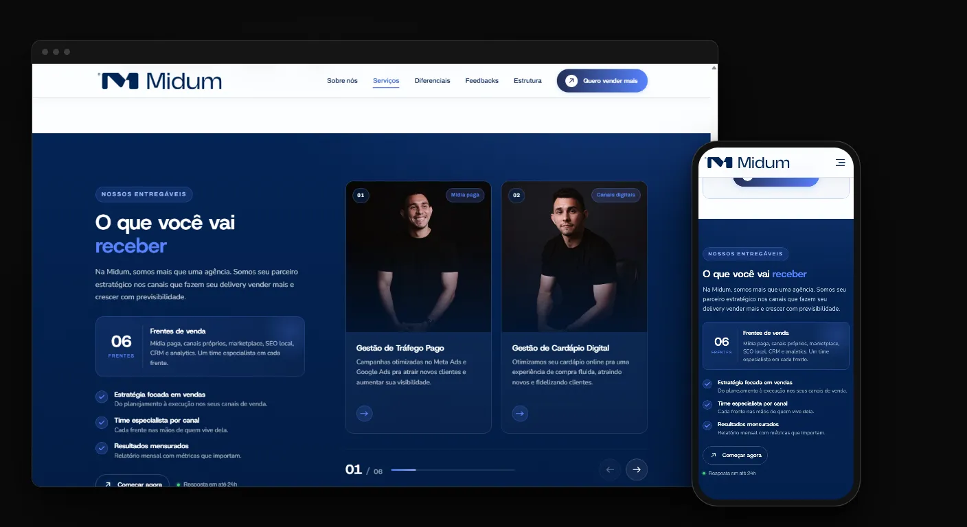Como qualificar leads pelo formulário do site: landing page da Midum, agência de marketing para restaurantes, numa janela de navegador e no celular
