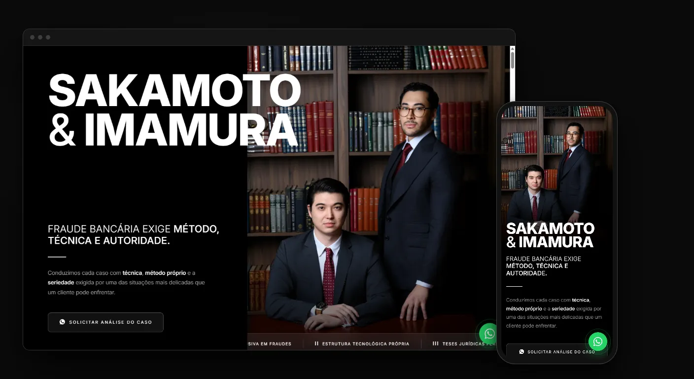 Site para advogado de fraude bancária: mockup da página do Sakamoto &amp; Imamura em navegador e celular