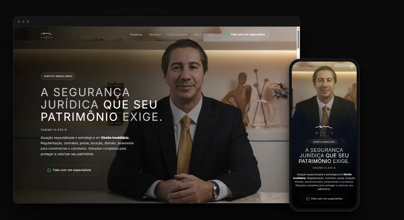 Site para advogado de direito imobiliário: mockup da página do Fernando Menin Advocacia em navegador e celular