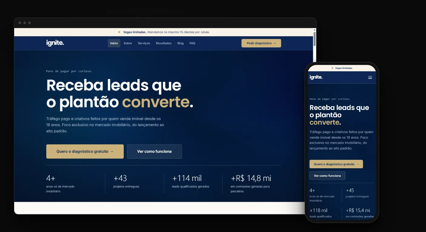 Site para agência de marketing imobiliário da Ignite numa janela de navegador e no celular, com fundo azul-marinho e botão para o diagnóstico gratuito