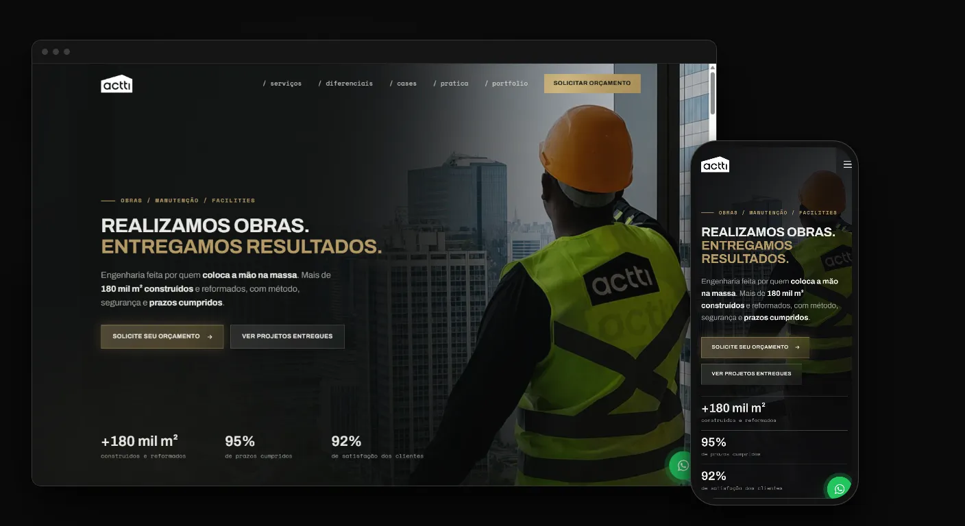 Site para construtora de obras corporativas da Actti Engenharia em navegador e celular, com números de obras na primeira dobra