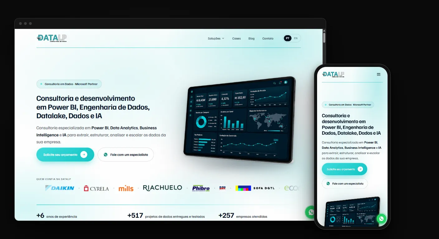 Site para consultoria de dados da DataLP no navegador e no celular, com o título sobre Power BI, engenharia de dados e IA ao lado de um tablet com dashboard