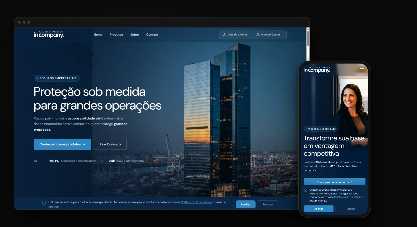 Site para corretora de seguros da InCompany no navegador e no celular, com os temas Seguros Empresariais e Programas de Afinidade do carrossel da primeira dobra