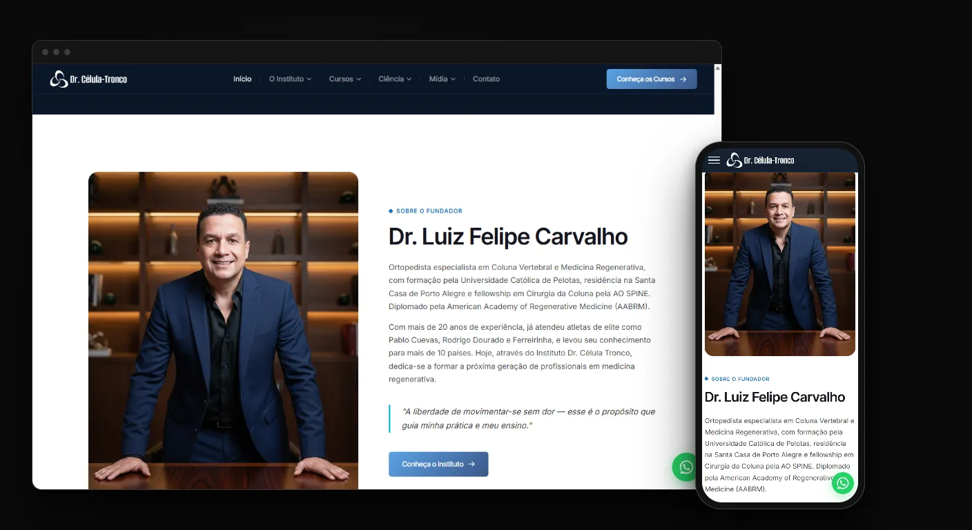 Site para cursos na área da saúde: mockup do site do Instituto Dr. Célula Tronco em navegador e celular