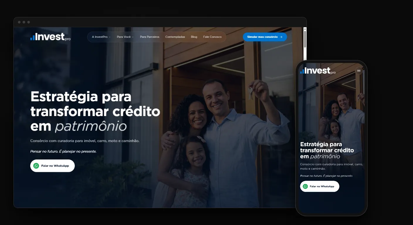 Site para empresa de consórcio: mockup do site do Grupo InvestPro em navegador e celular