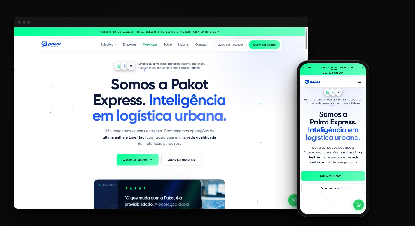 Site para empresa de logística da Pakot Express no navegador e no celular, com os botões Quero ser cliente e Quero ser motorista na primeira dobra