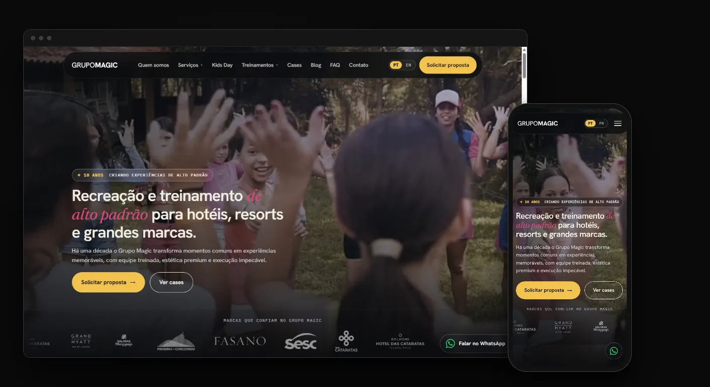 Site para empresa de recreação: a home do Grupo Magic no navegador e no celular, com recreação infantil ao fundo e faixa de marcas
