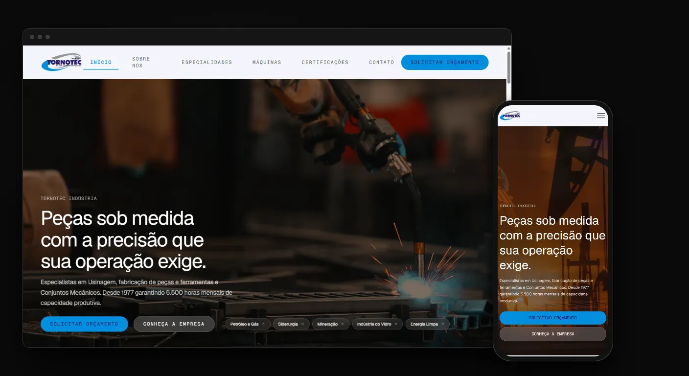 Site para indústria metalmecânica da Tornotec em navegador e celular, com hero em vídeo e atalhos por setor atendido