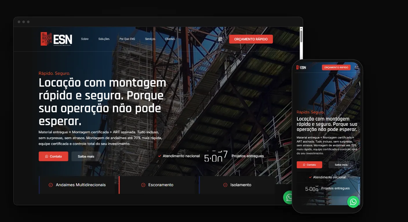 Site para empresa de locação de andaimes da ESN Industrial em navegador e celular, com estrutura de andaime industrial no topo