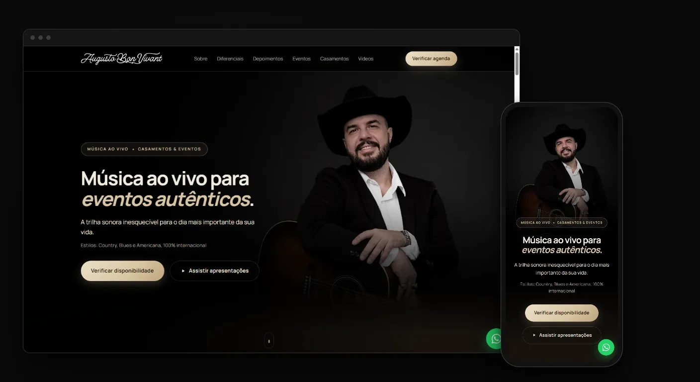 Site para músico de casamento de Augusto Bon Vivant numa janela de navegador e no celular, com o artista de chapéu e violão sobre fundo escuro