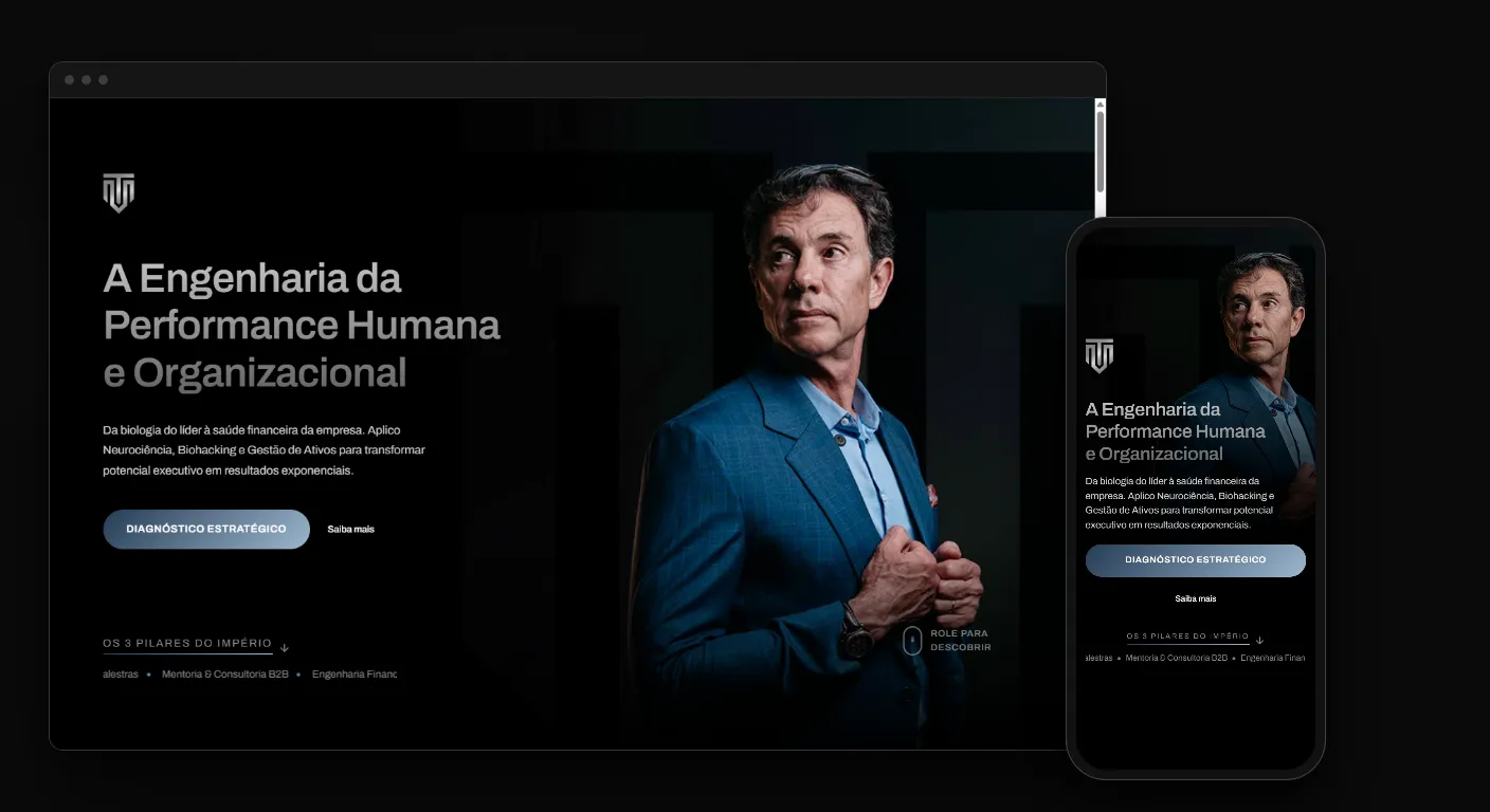 Site para palestrante corporativo de Marcelo Thieme numa janela de navegador e no celular, com foto do executivo e o título A Engenharia da Performance Humana e Organizacional