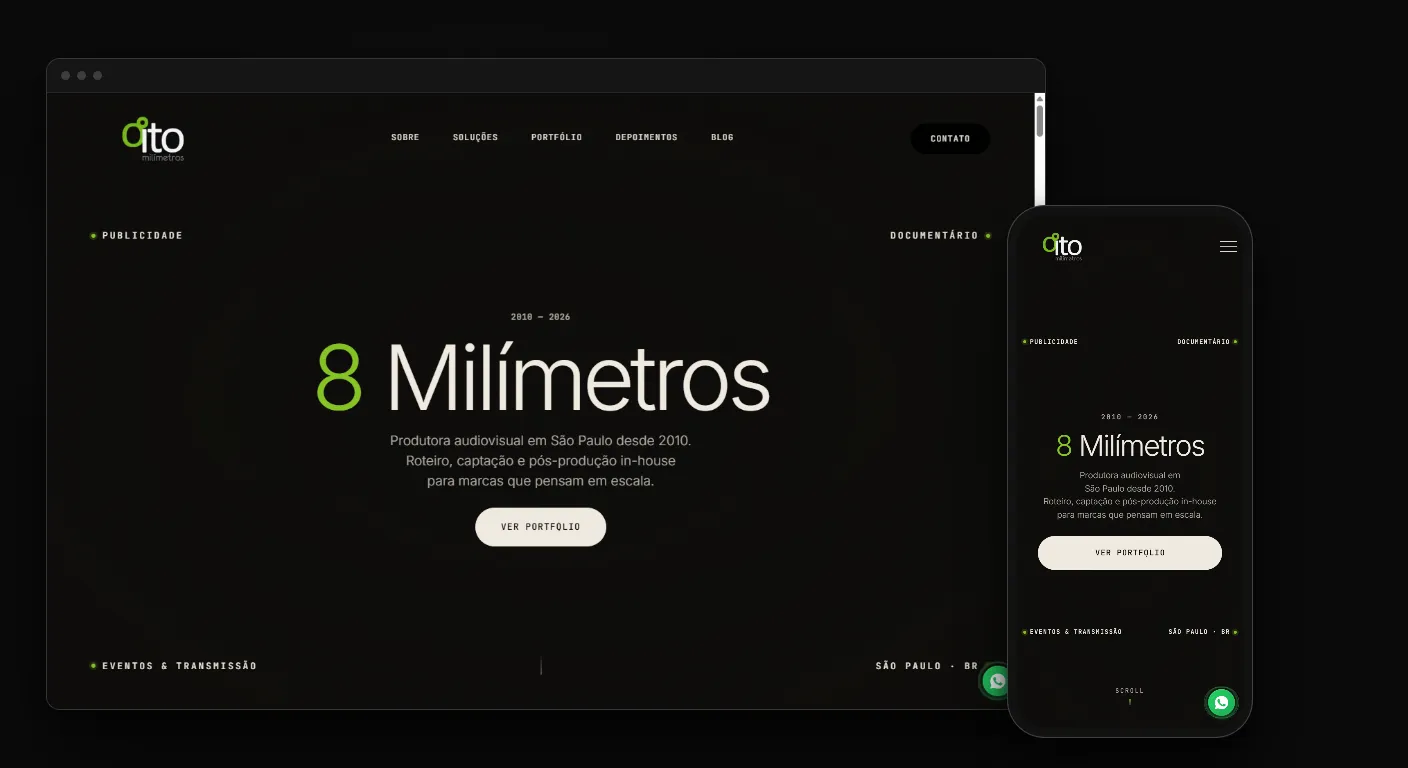 Site para produtora de vídeo da 8 Milímetros aberto numa janela de navegador e no celular, com o nome da produtora sobre fundo escuro