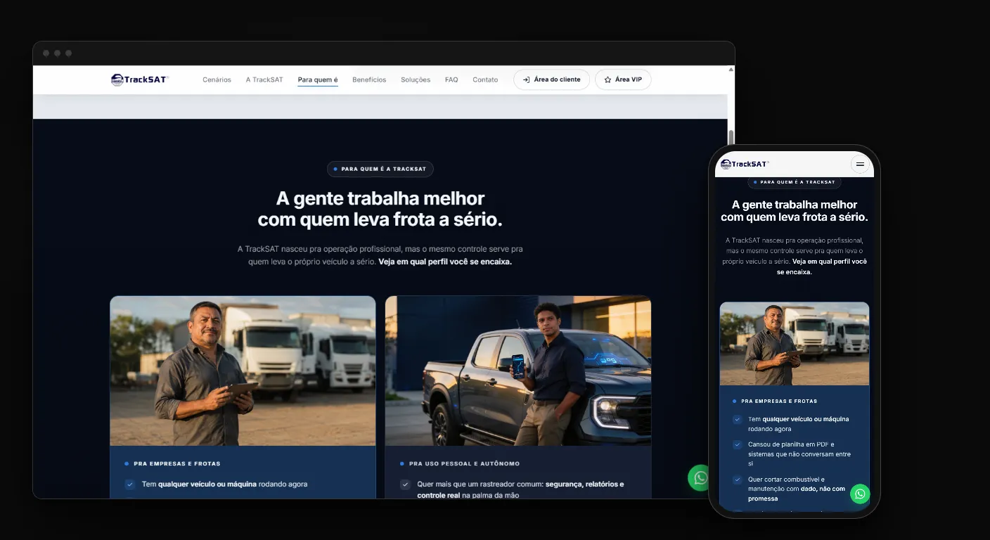 Site para empresa de rastreamento veicular do Grupo TrackSAT no navegador e no celular, com o título Sua frota perde dinheiro agora sobre a foto de um caminhão