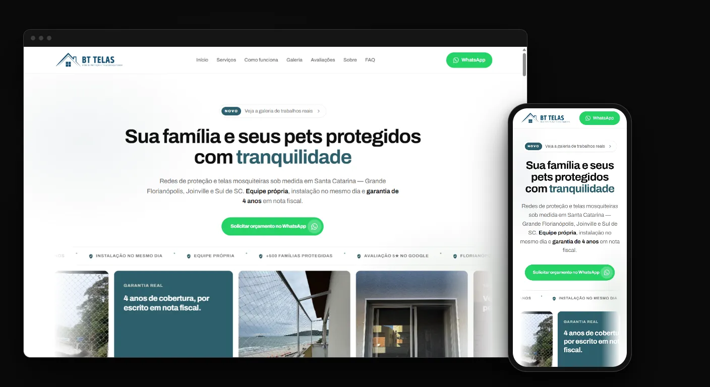 Site para empresa de redes de proteção da BT Telas em navegador e celular, com botão de orçamento pelo WhatsApp