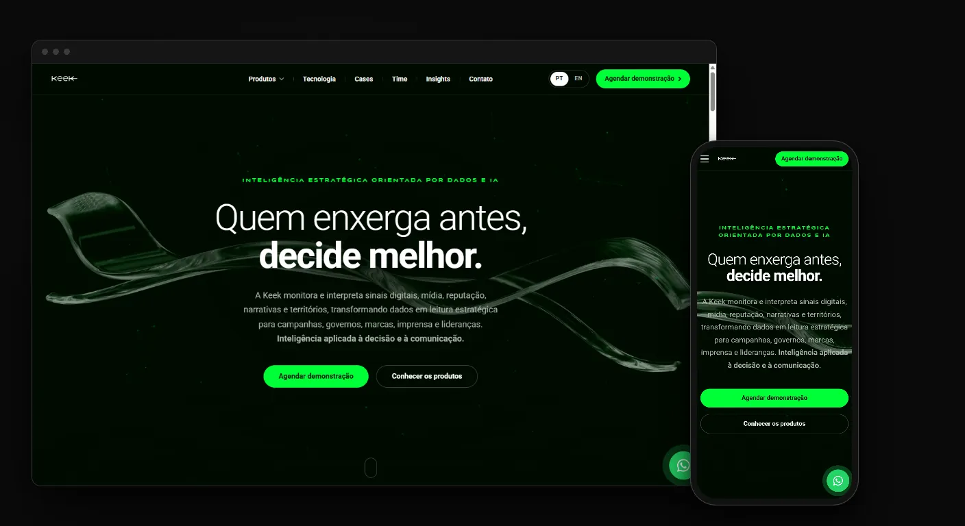 Site para startup de inteligência artificial da Keek Inteligência no navegador e no celular, com o título Quem enxerga antes, decide melhor