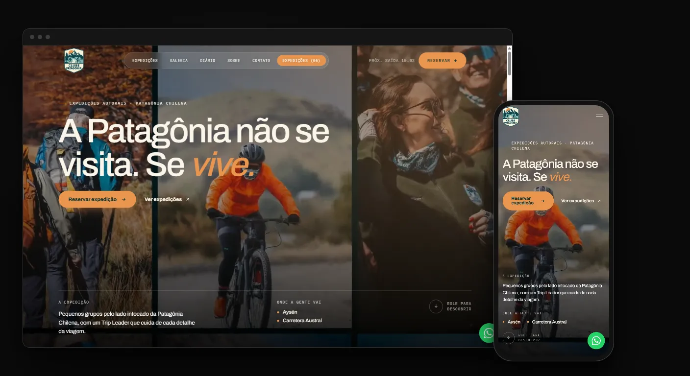 Site para agência de turismo de experiência: a capa do Clube Patagônia no navegador e no celular, com uma expedição de bike na foto da capa