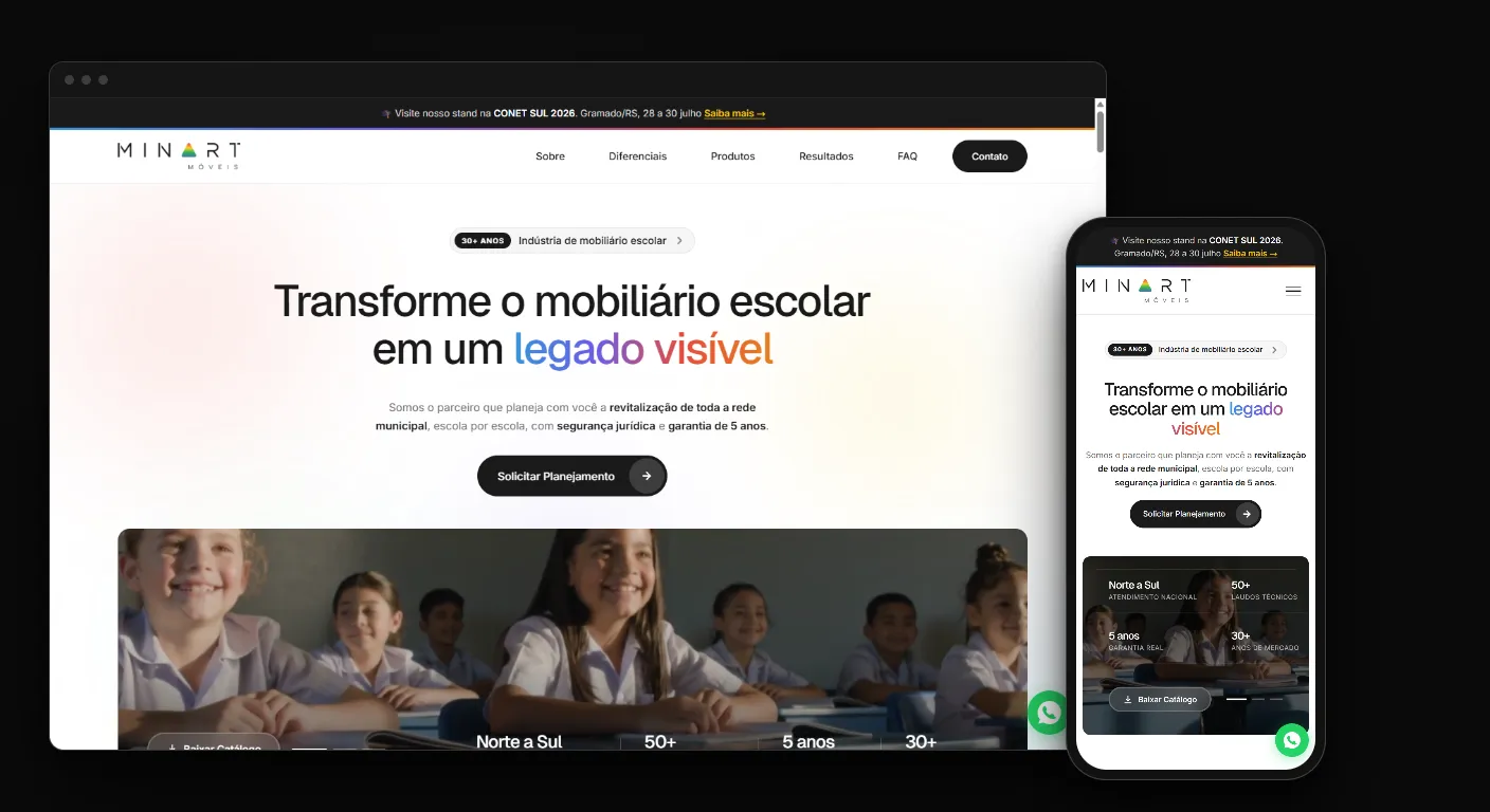 Site para vender para prefeituras da Minart Móveis em navegador e celular, com chamada para planejamento do mobiliário escolar