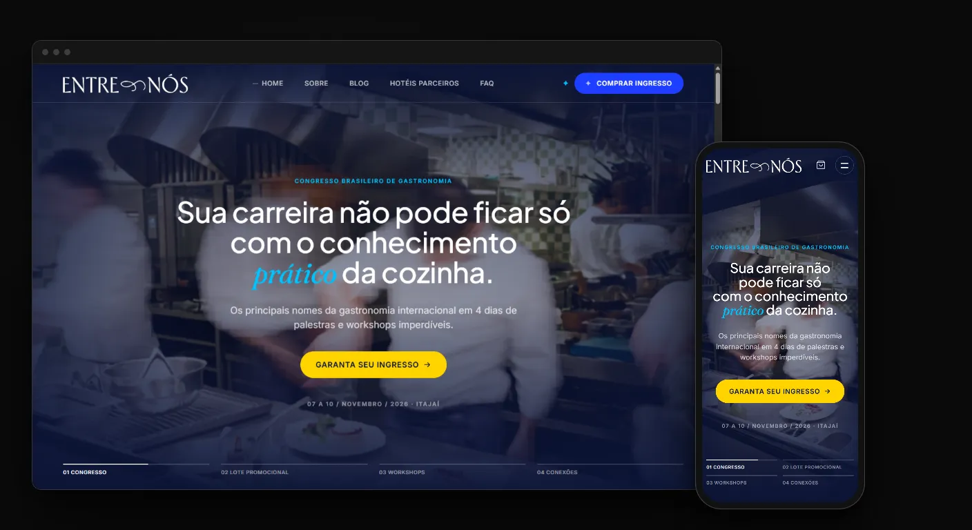 Loja de ingressos do Congresso Entre Nós no navegador e no celular, exemplo de como vender ingressos no próprio site com o botão de compra no topo